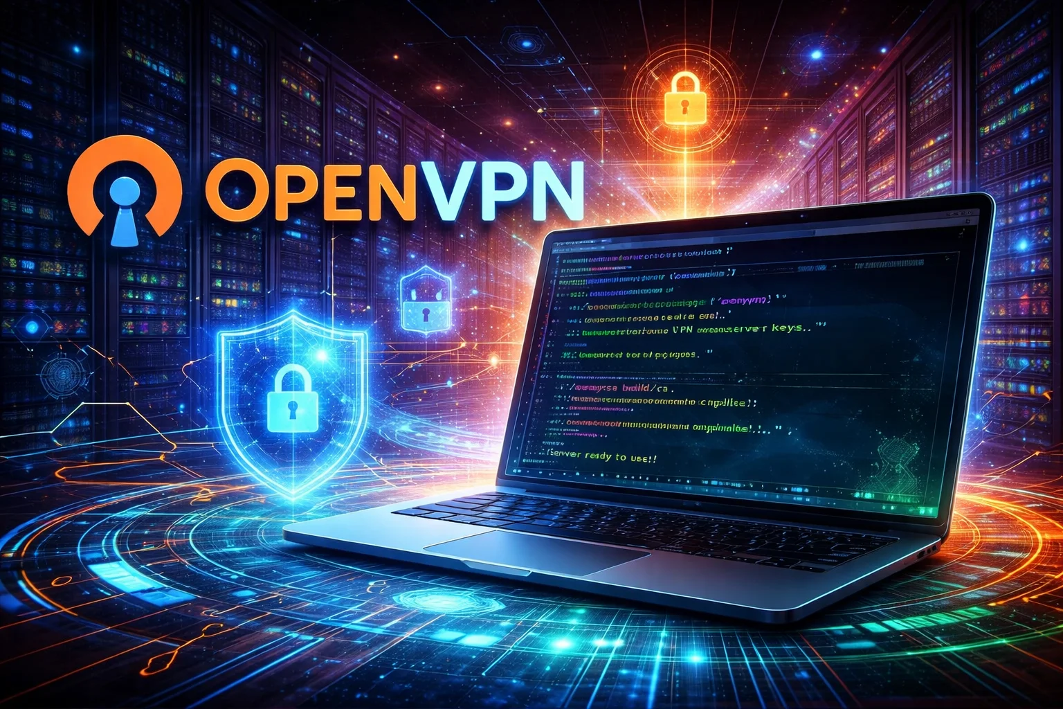 Secure OpenVPN setup on a Linux server, featuring the OpenVPN logo, Linux command-line terminal, encrypted VPN connection, and cybersecurity visuals representing privacy, encryption, and secure networking.