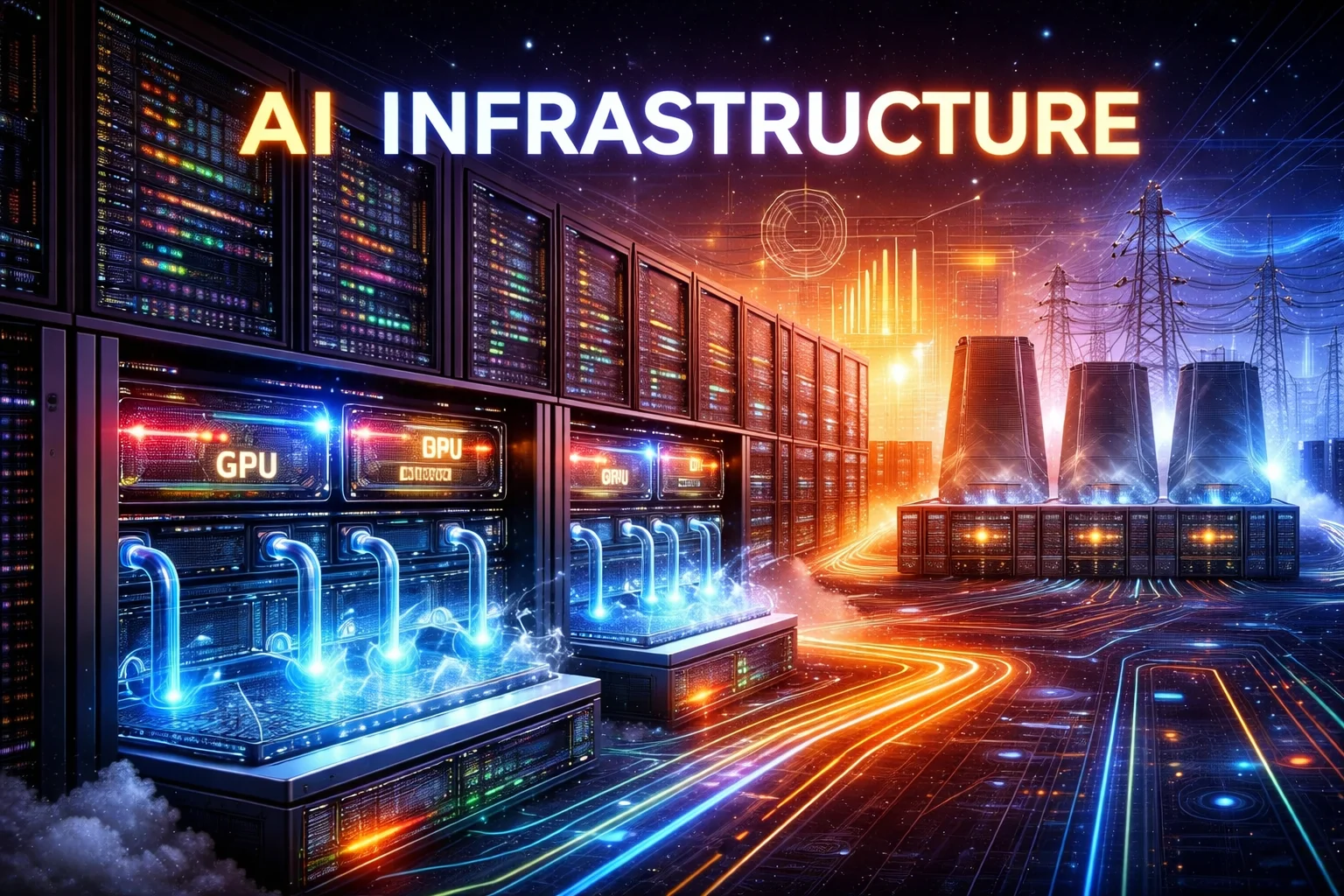 AI infrastructure data center with GPU servers, high-performance computing clusters, and energy-intensive AI workloads powering modern artificial intelligence systems