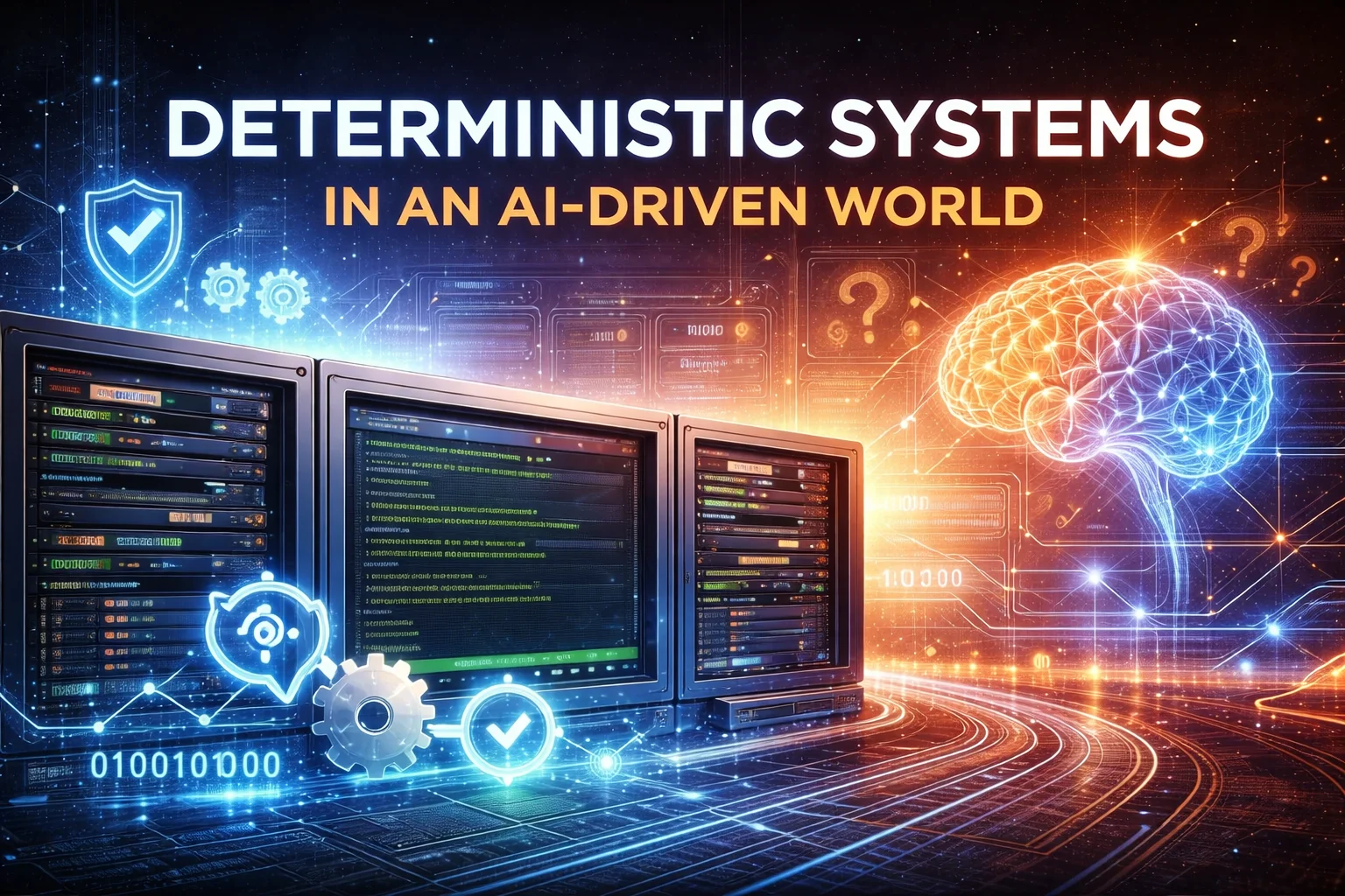 Deterministic computing systems with Linux servers contrasted against artificial intelligence, illustrating why predictable infrastructure still matters in an AI-driven world