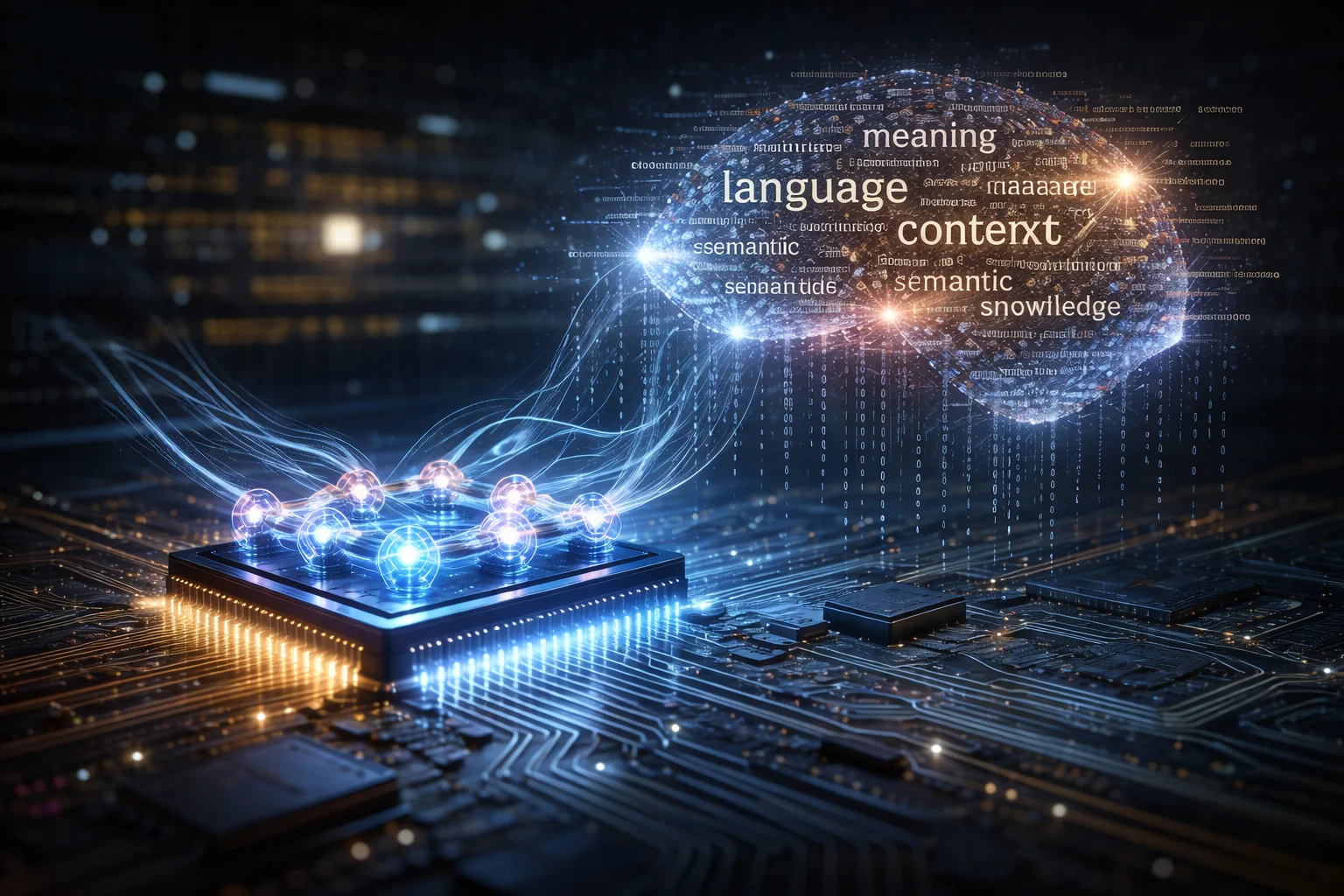 Quantum computing processor analyzing semantic meaning in language models, illustrating how quantum systems compare context and meaning in artificial intelligence research