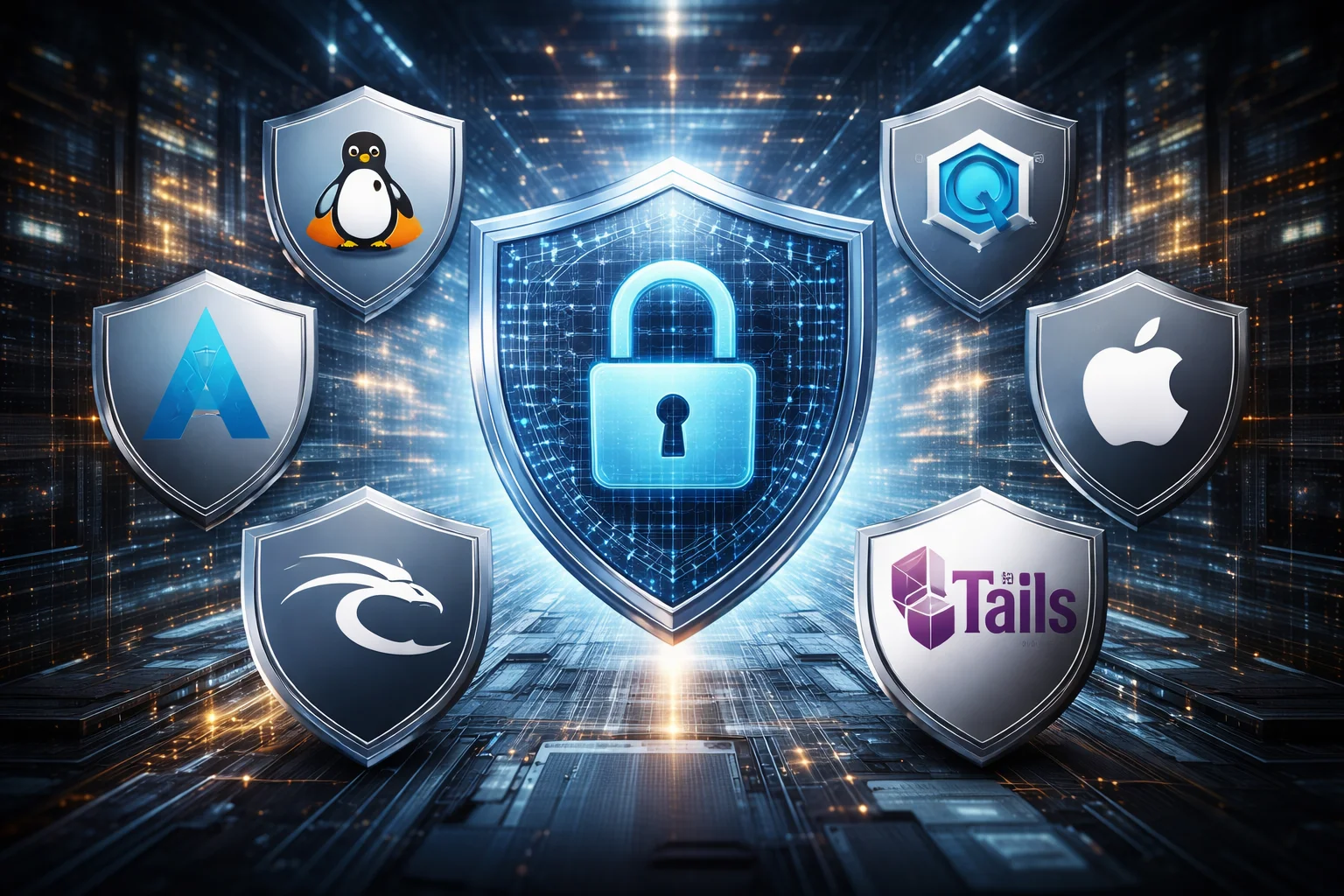 Visual comparison of the most secure operating systems in 2026, featuring Linux, Tails, Qubes OS, macOS, and hardened security-focused platforms represented with shield and lock symbols