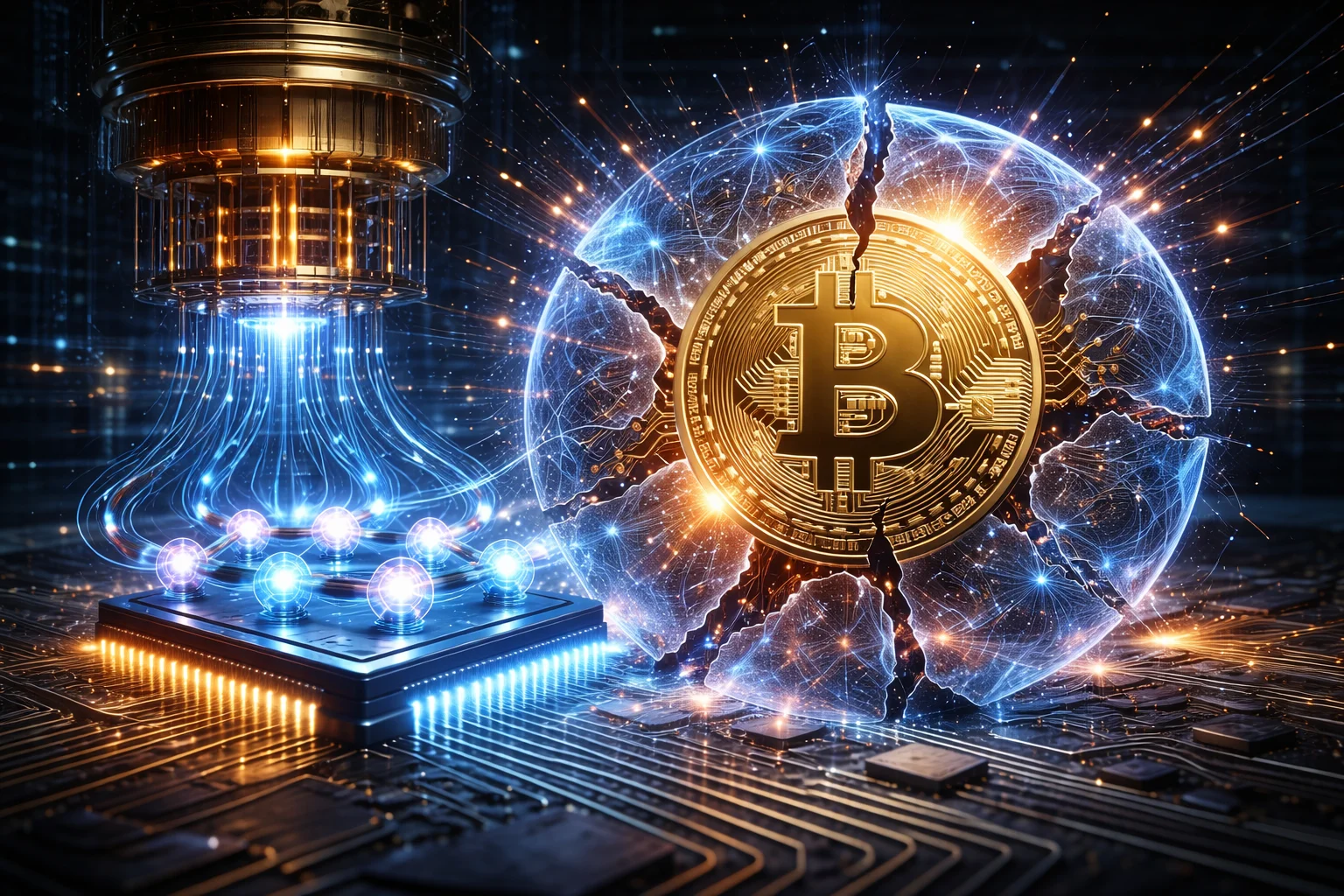 Quantum computer threatening cryptocurrency encryption, illustrating fears of quantum computing breaking Bitcoin and modern cryptographic security in 2026