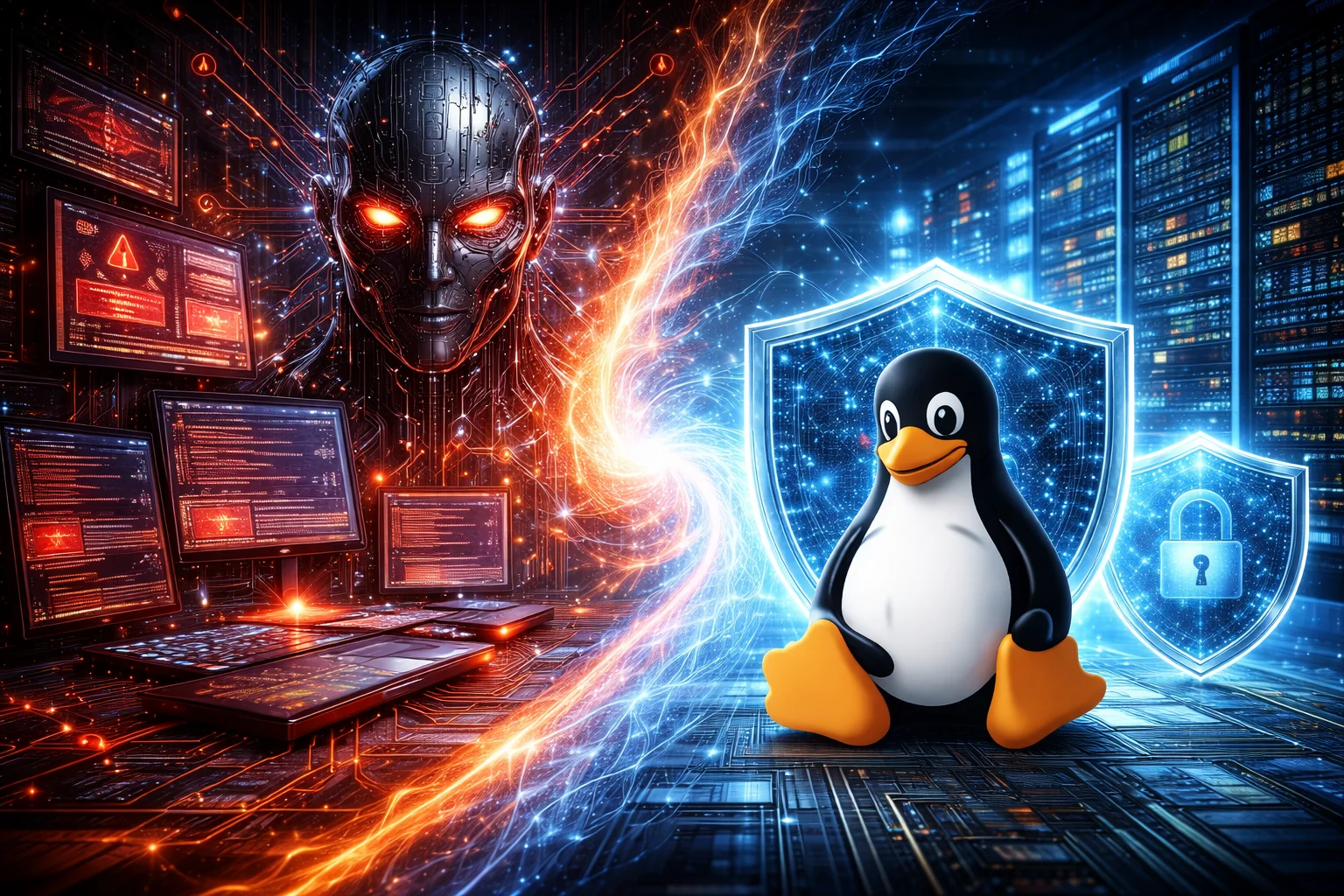 AI-driven cyber threats facing enterprise Linux systems, illustrating modern attack vectors versus defensive security architectures in a data center environment