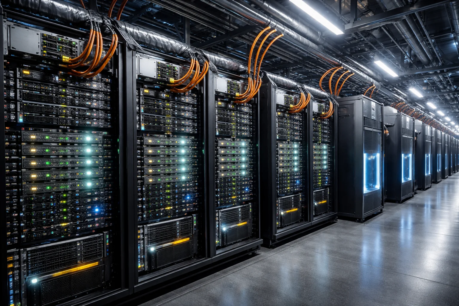 Wide view of a high-density AI data center with GPU server racks, heavy power cabling, and industrial cooling systems illustrating electricity and thermal limits in modern AI infrastructure