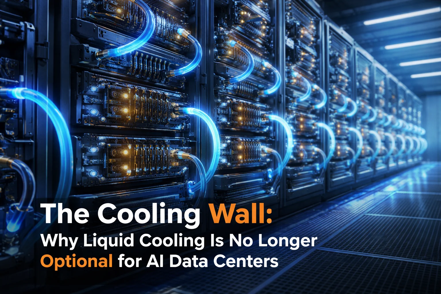 High-density AI data center with liquid-cooled GPU server racks, visible coolant tubing, and industrial infrastructure illustrating why liquid cooling is required for modern AI workloads