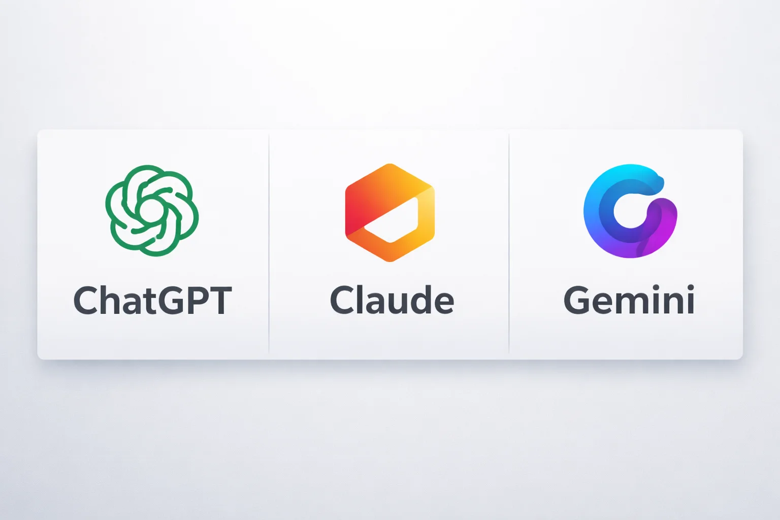 Wide comparison image showing ChatGPT, Claude, and Gemini logos side by side on a clean professional background, illustrating differences between leading AI chatbots in 2026