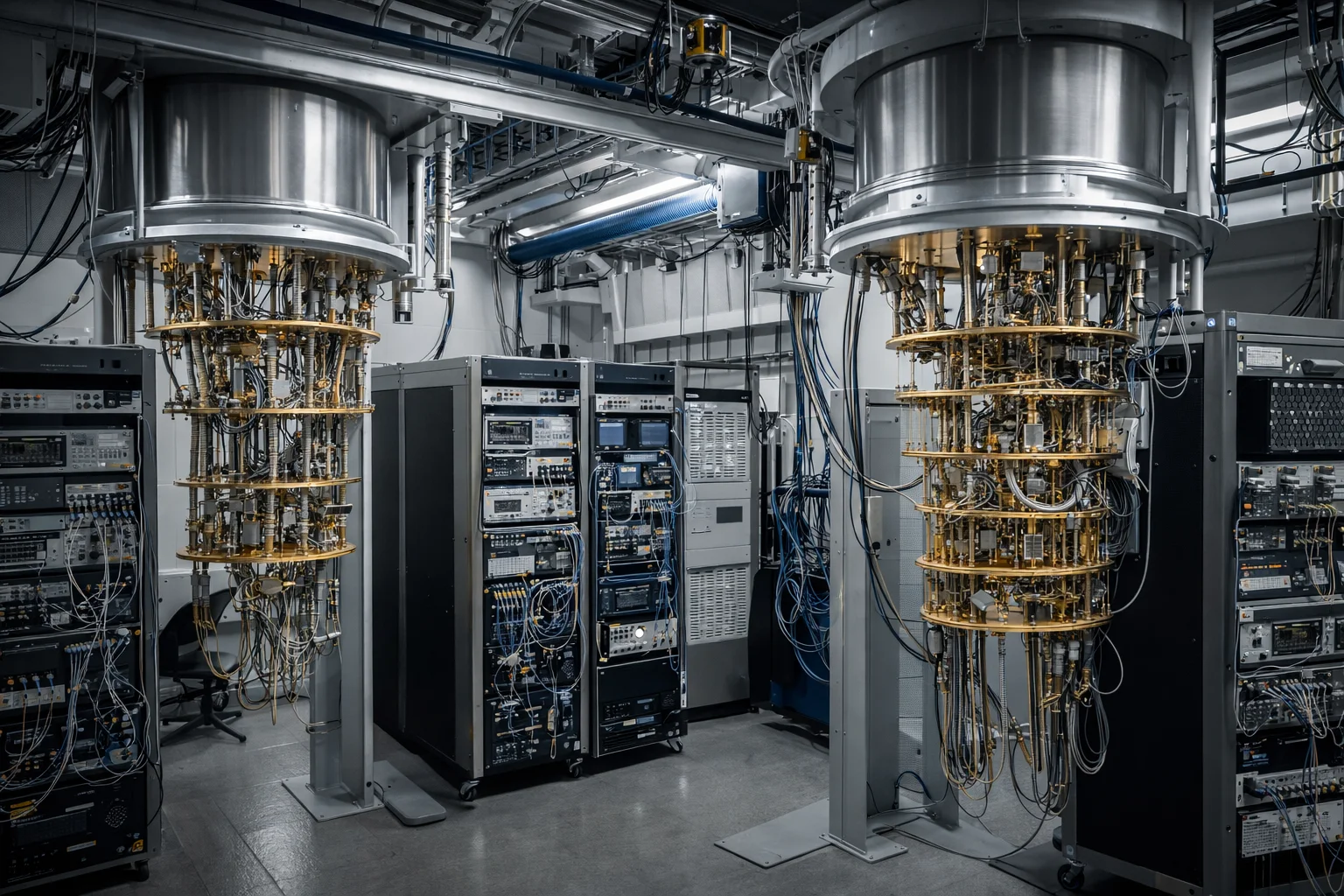 Wide view of a quantum computing laboratory with dilution refrigerators, cryogenic wiring, and control hardware, illustrating the role of error correction in practical quantum computing systems