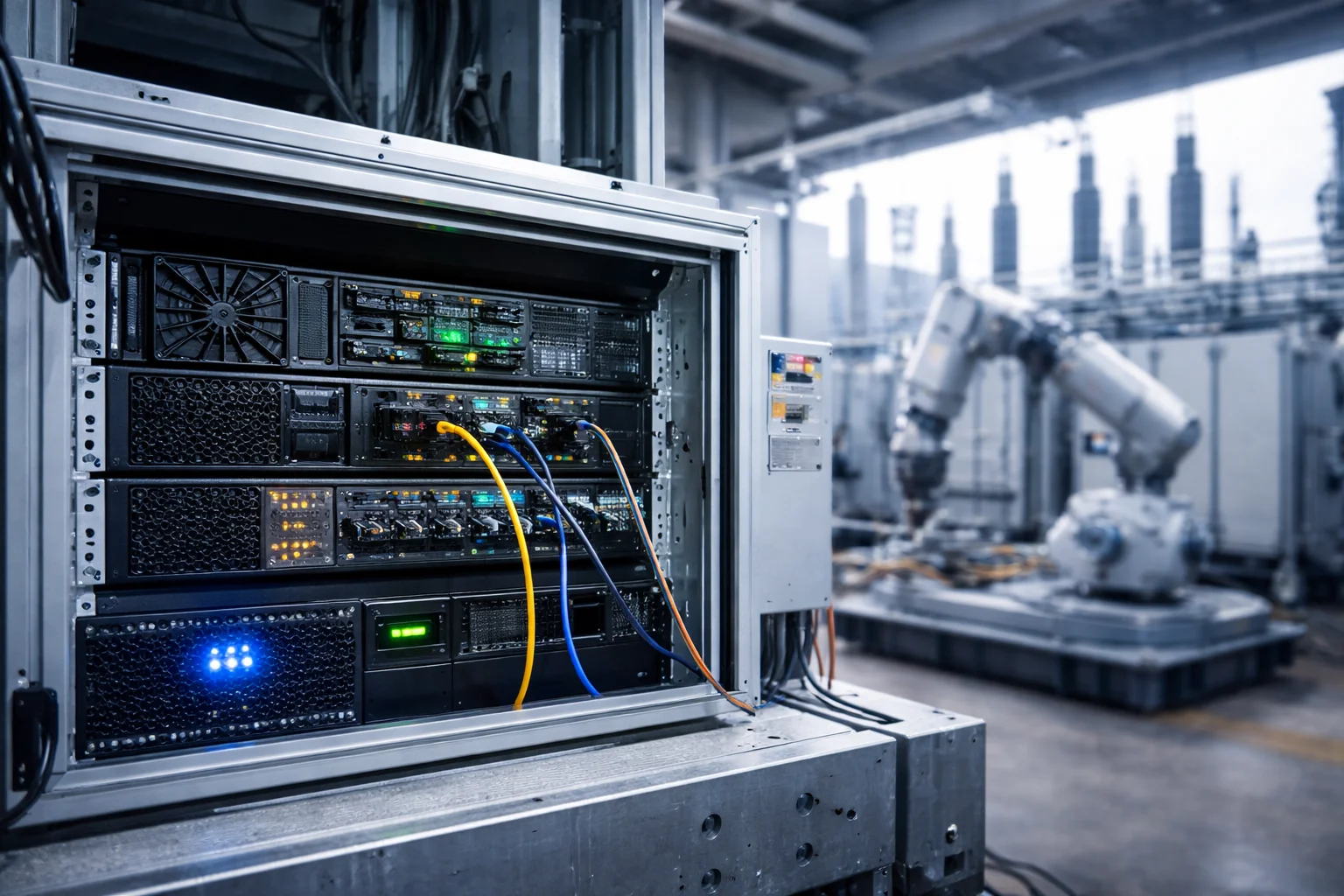 Ruggedized edge AI servers deployed in an industrial facility, illustrating how local AI inference is replacing centralized data center processing in critical systems