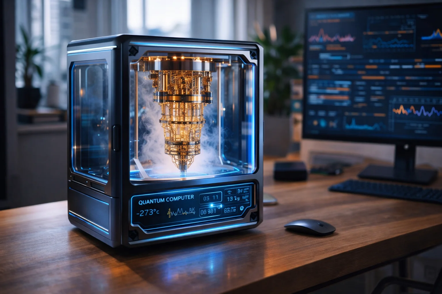 Concept image of a futuristic home quantum computer in a modern home office, illustrating the idea of consumer-accessible quantum hardware despite current physical and engineering limitations