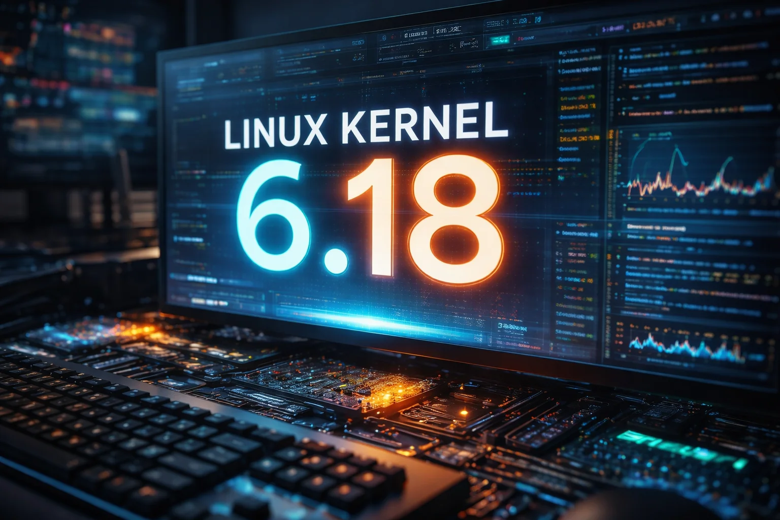 Computer display showing Linux Kernel 6.18 system metrics and code visuals, representing real-world analysis of kernel changes and their practical impact