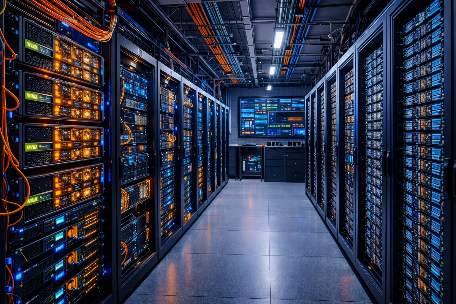 High-performance computing cluster designed for mixed AI and scientific simulation workloads, featuring GPU and CPU server racks with colorful cabling and real-time monitoring displays