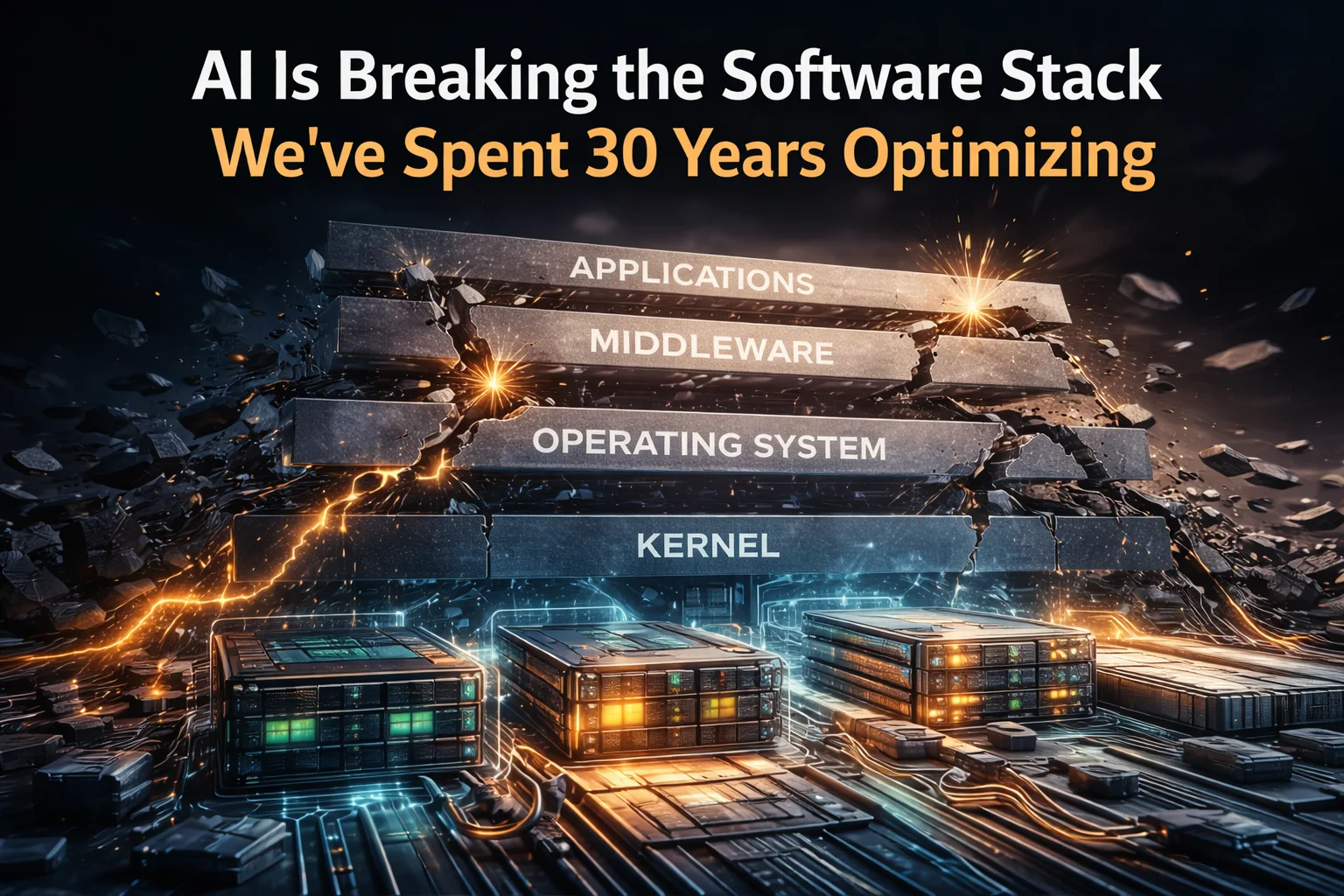 Illustration showing traditional software layers fracturing above modern AI hardware, representing how AI workloads are forcing a rethink of decades of software stack optimization