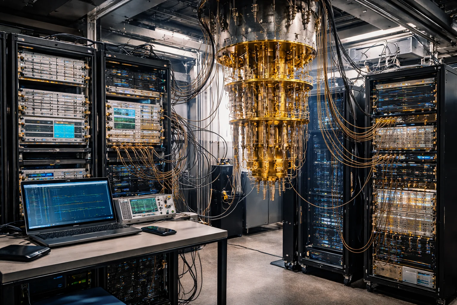 quantum computing laboratory showing a dilution refrigerator surrounded by classical control electronics racks, highlighting the control systems required to operate modern quantum processors.