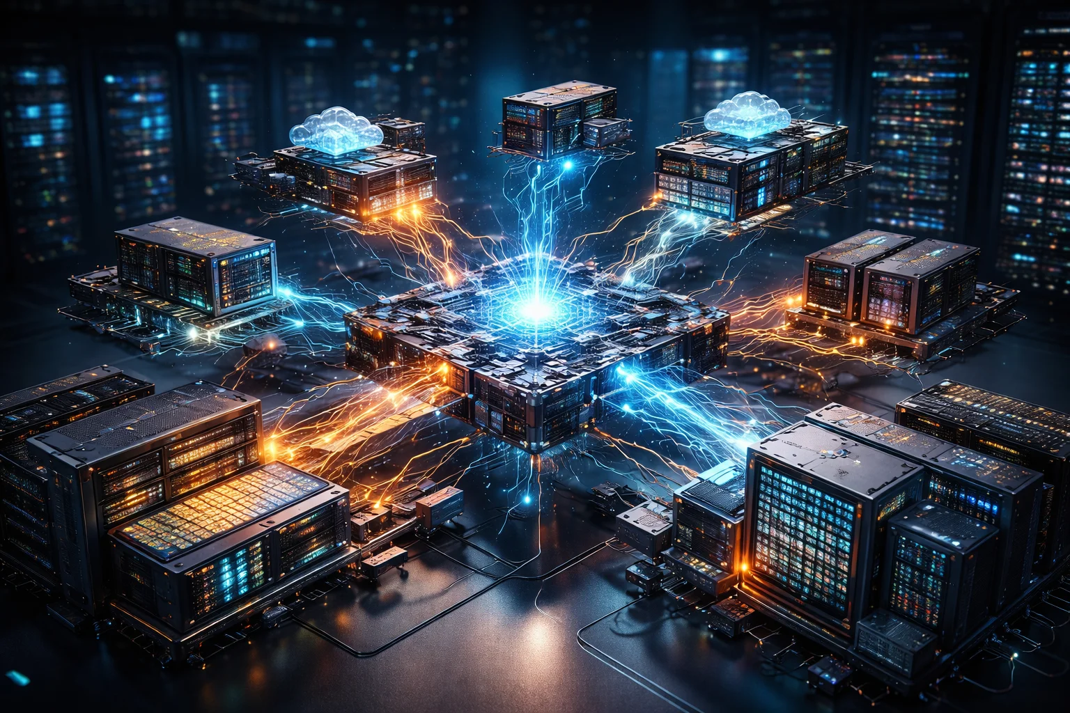Photorealistic data center scene showing multiple interconnected compute platforms and servers operating independently, representing the fragmentation of the modern AI software and infrastructure stack
