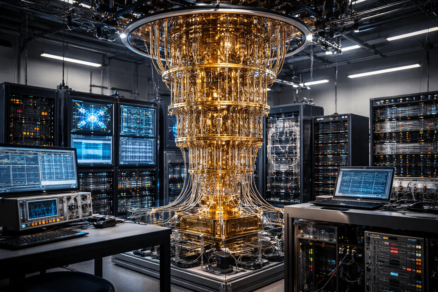 Professional photograph of a modern quantum computing laboratory featuring a dilution refrigerator surrounded by classical control electronics and monitoring systems, representing the current state of quantum computing research in early 2026