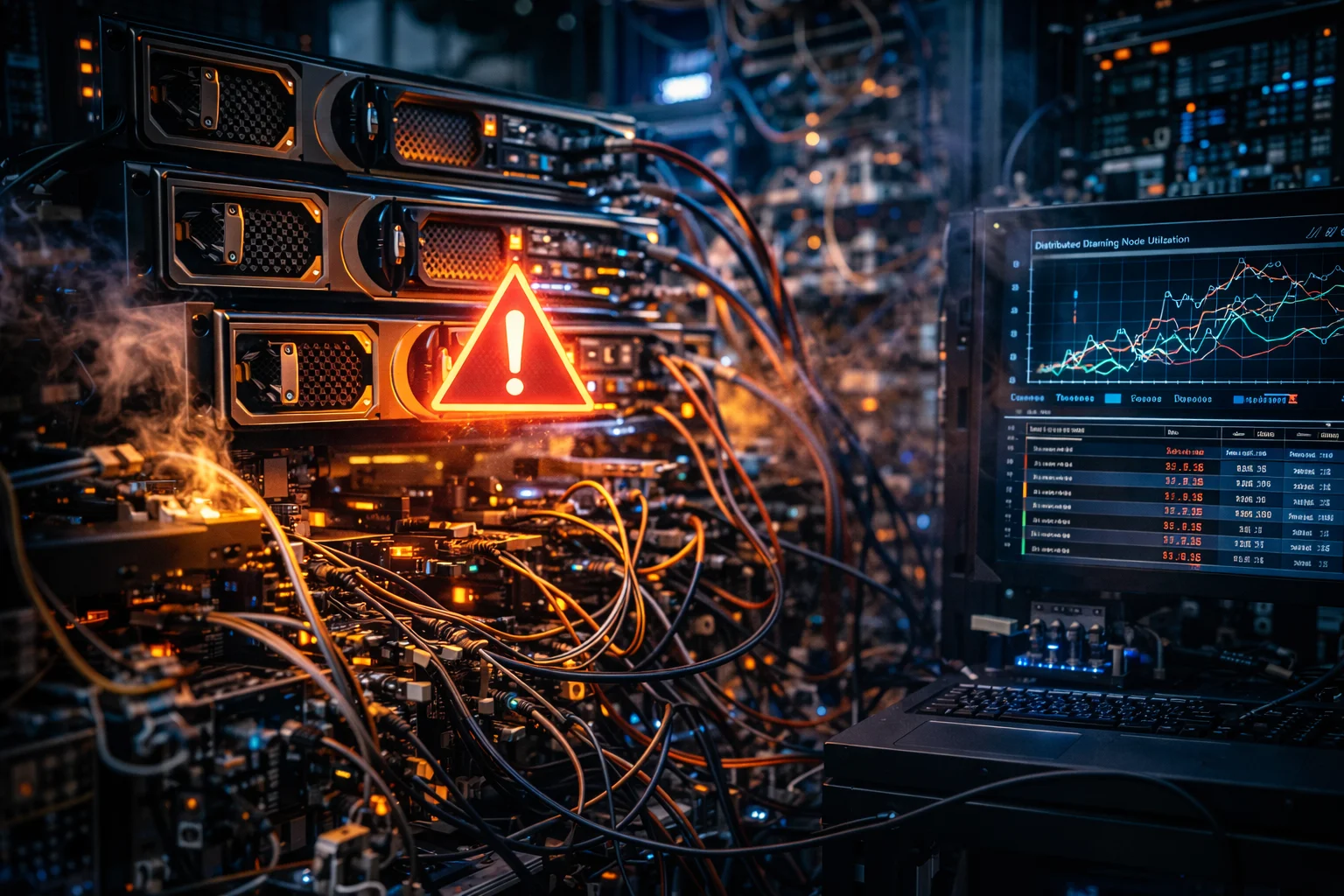 Photorealistic server room with GPU-equipped servers under heavy load, visible cabling and monitoring screens highlighting bottlenecks that slow AI training despite faster hardware
