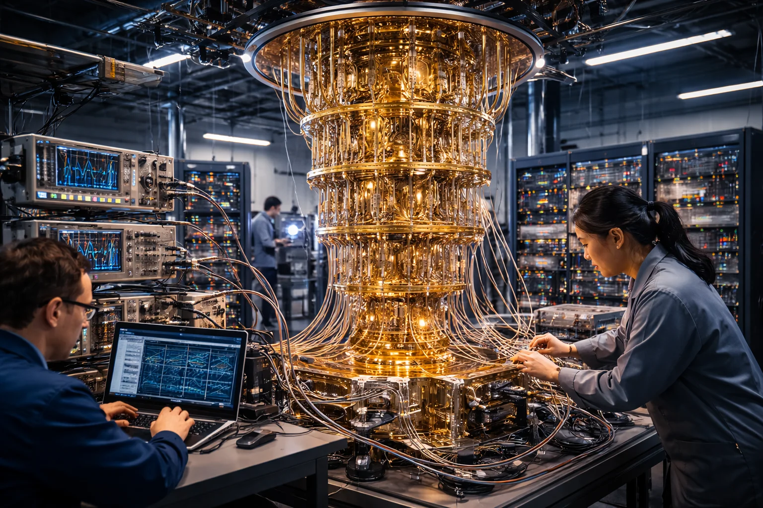 Professional photograph of engineers working on a large quantum computing system with a dilution refrigerator and classical control electronics, illustrating quantum computing’s transition from physics research to complex engineering challenges in 2026