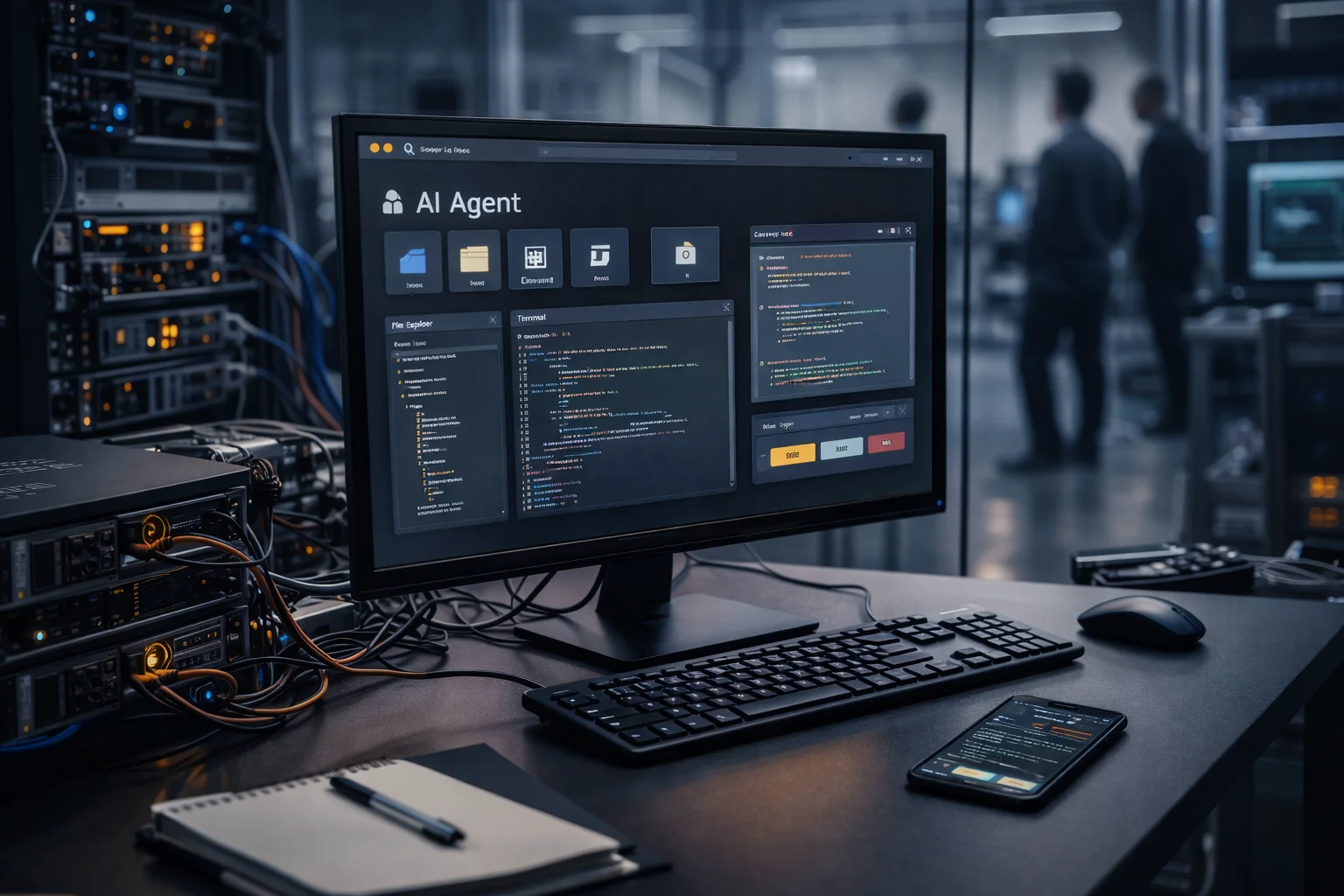 Professional photograph of an OpenClaw AI agent workstation with a developer interface on screen, connected server hardware, and a modern data center environment in the background.