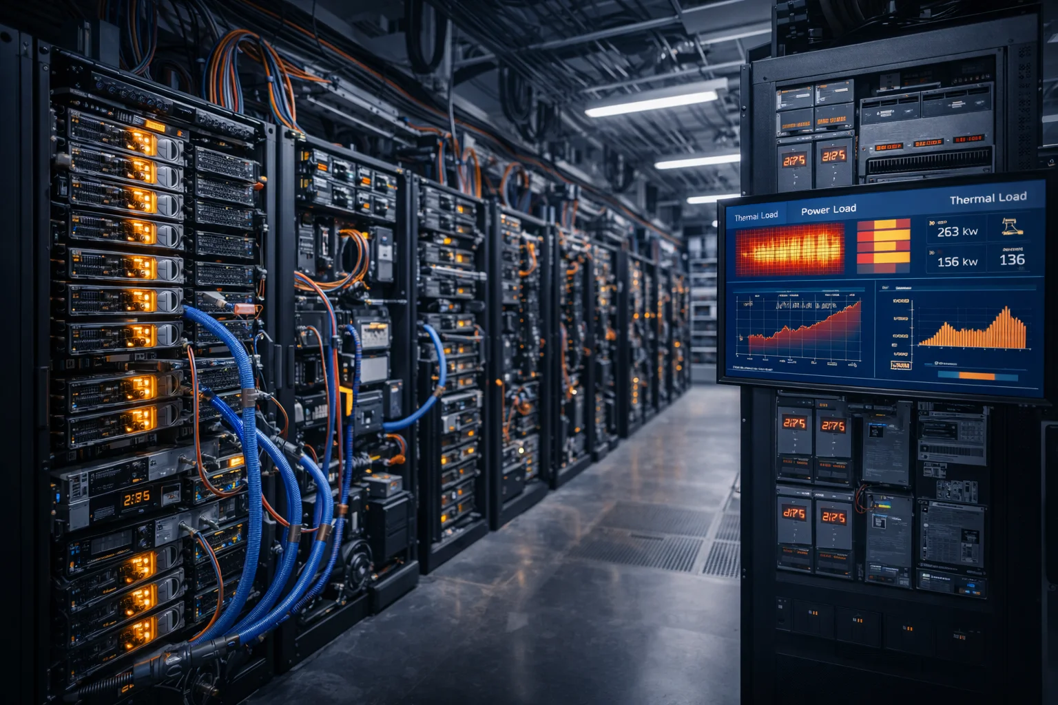 Photorealistic interior of a modern AI data center showing GPU server racks, heavy power cabling, liquid cooling lines, and real-time power and thermal monitoring displays under operational load