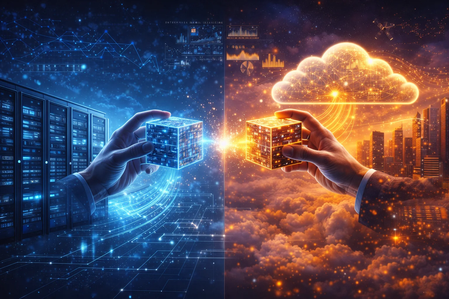 Split scene showing enterprise workloads moving between a traditional on-premise data center and a public cloud environment, connected by flowing data streams, representing hybrid architecture and cloud repatriation strategy