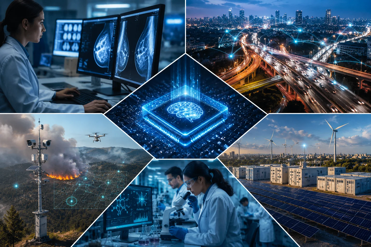 Collage showing artificial intelligence applied across healthcare diagnostics, smart city traffic systems, wildfire monitoring, renewable energy infrastructure, and scientific research, centered around a glowing AI processor symbolizing real-world impact