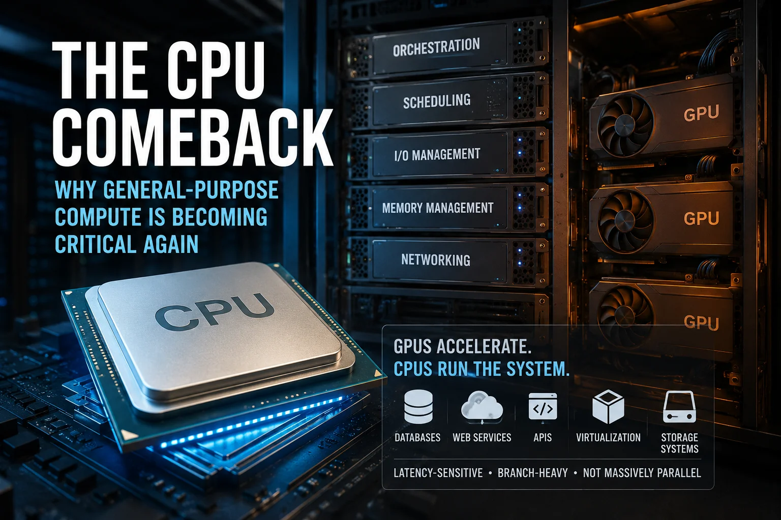 Modern data center scene with a prominent CPU processor in the foreground and multiple GPU servers behind it, illustrating the CPU’s central role in coordinating and managing high-performance computing workloads