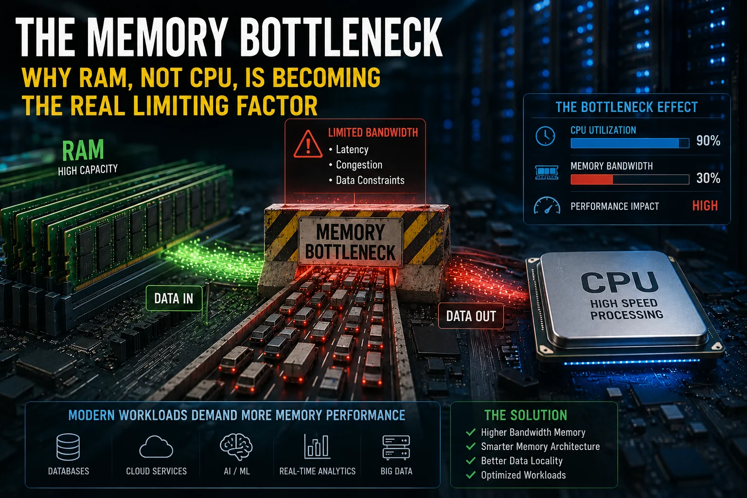 High-tech visualization of server RAM feeding data to a high-speed CPU through a constrained memory pathway, illustrating how memory bandwidth and latency can limit modern HPC and server performance.