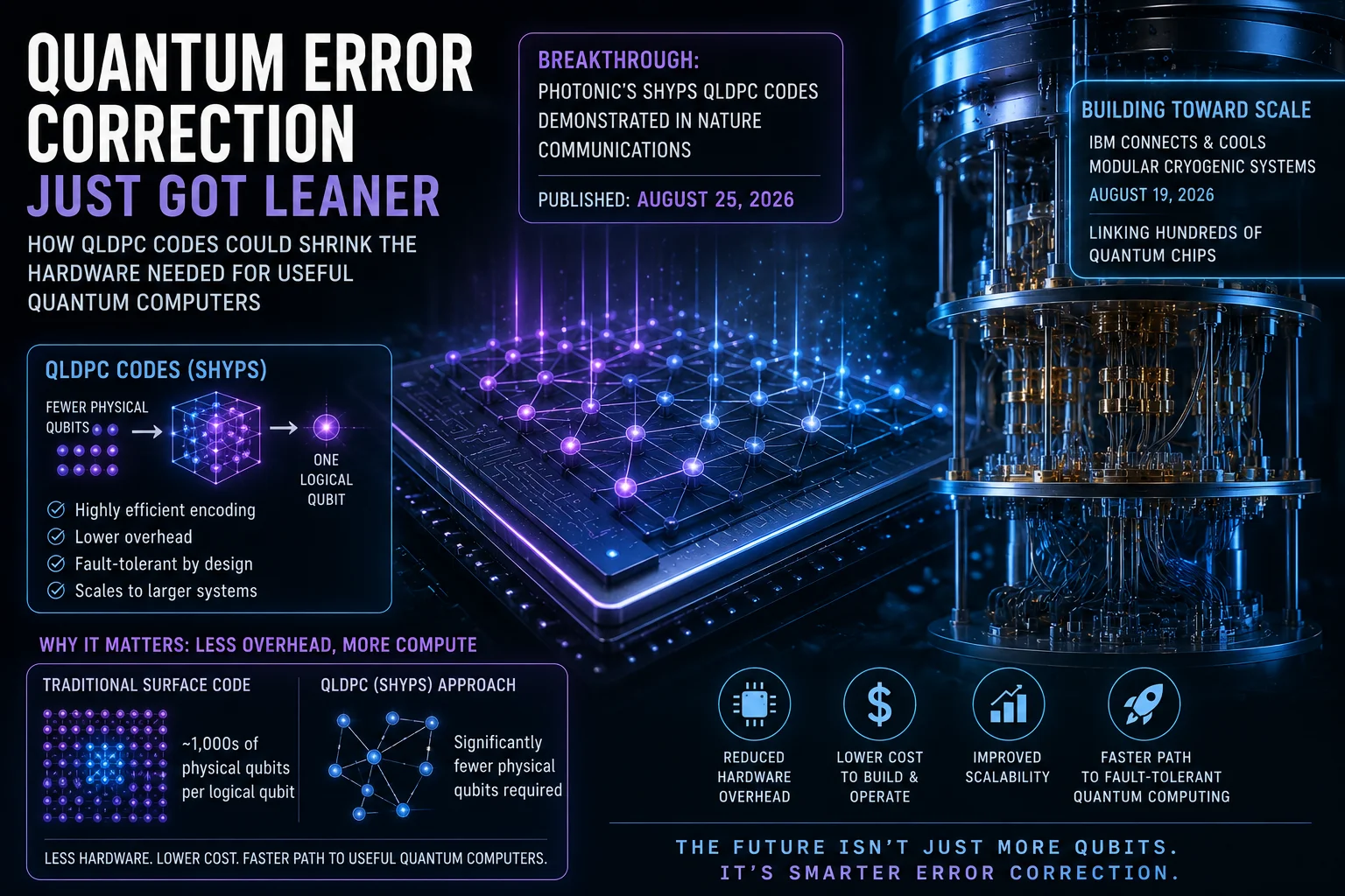 Quantum processor and cryogenic computing hardware illustrating QLDPC error correction, which could reduce physical qubit requirements and help scale fault-tolerant quantum computers. Today 9:17 PM • 255 Chars • 28 Words