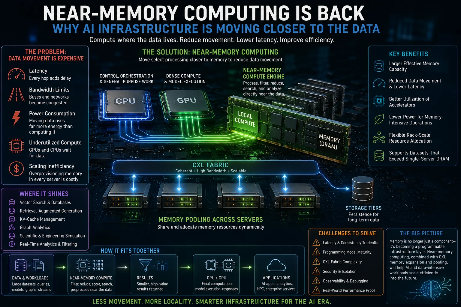 Realistic data center hardware showing CXL memory expansion and near-memory compute modules beside server processors, illustrating AI infrastructure moving computation closer to data.