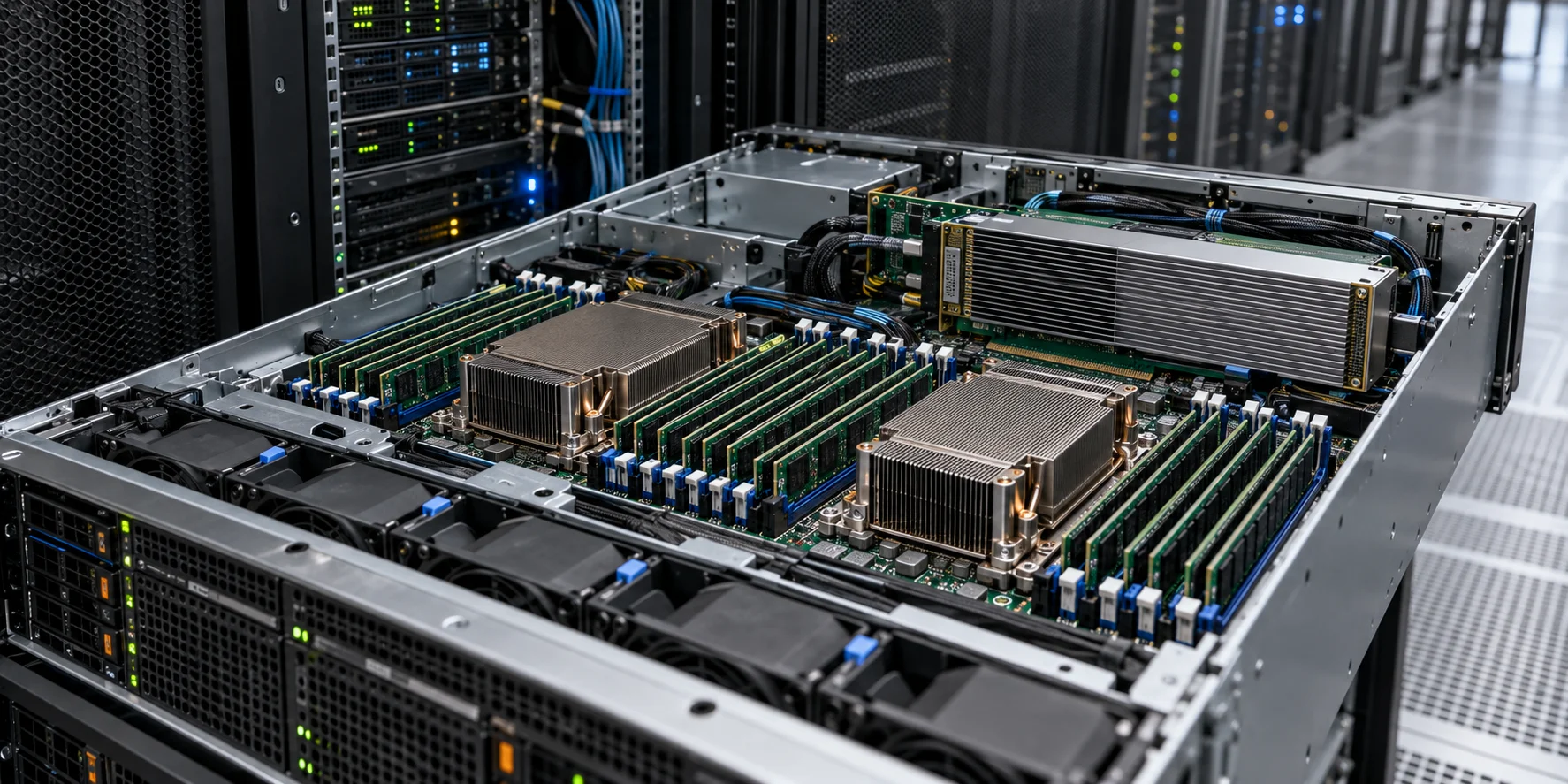 Large-memory Linux server with dense DRAM banks and CXL-attached memory hardware inside a modern data center.