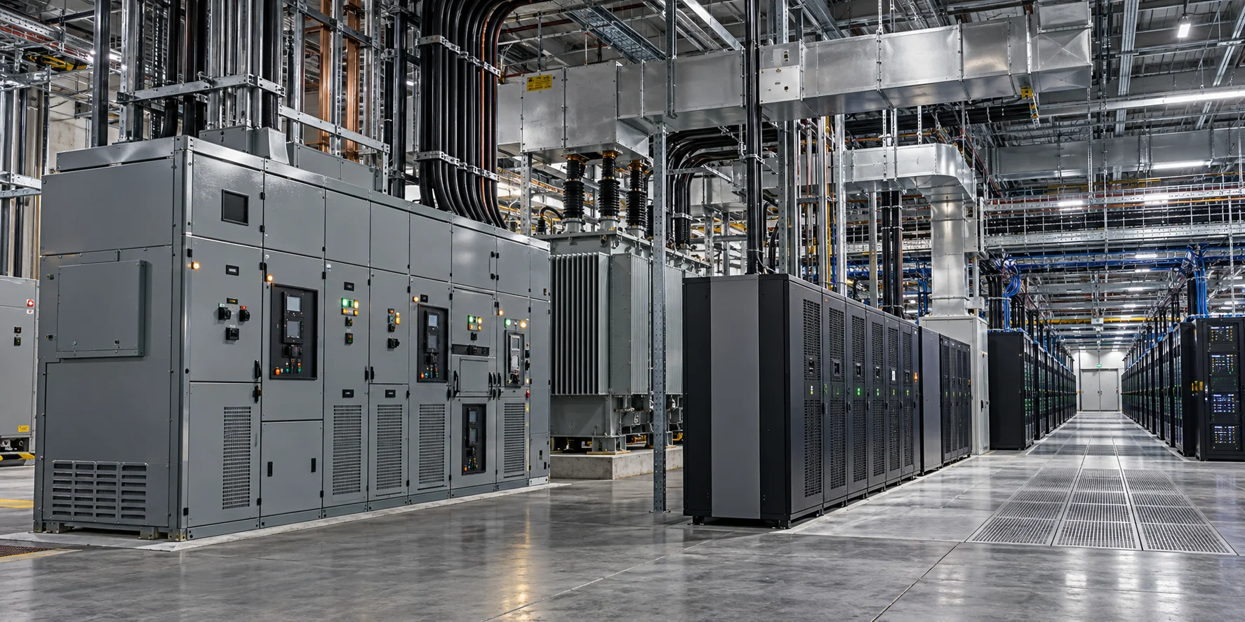 Medium-voltage switchgear, UPS equipment and power distribution feeding high-density AI server racks inside a hyperscale data center.