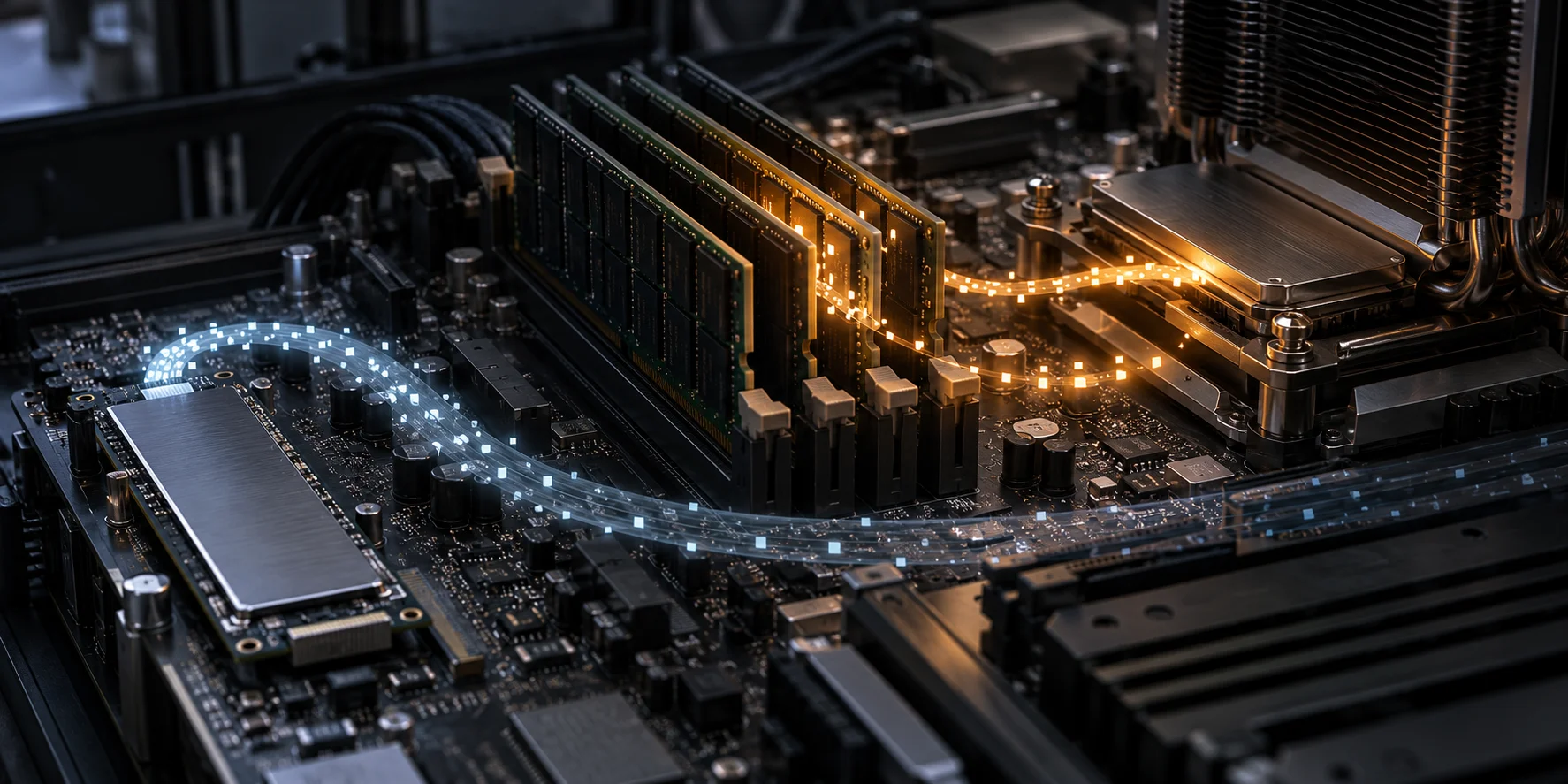 Close-up of DRAM, CPU and NVMe hardware with restrained data paths illustrating frequently reused memory pages being retained during a large file scan.