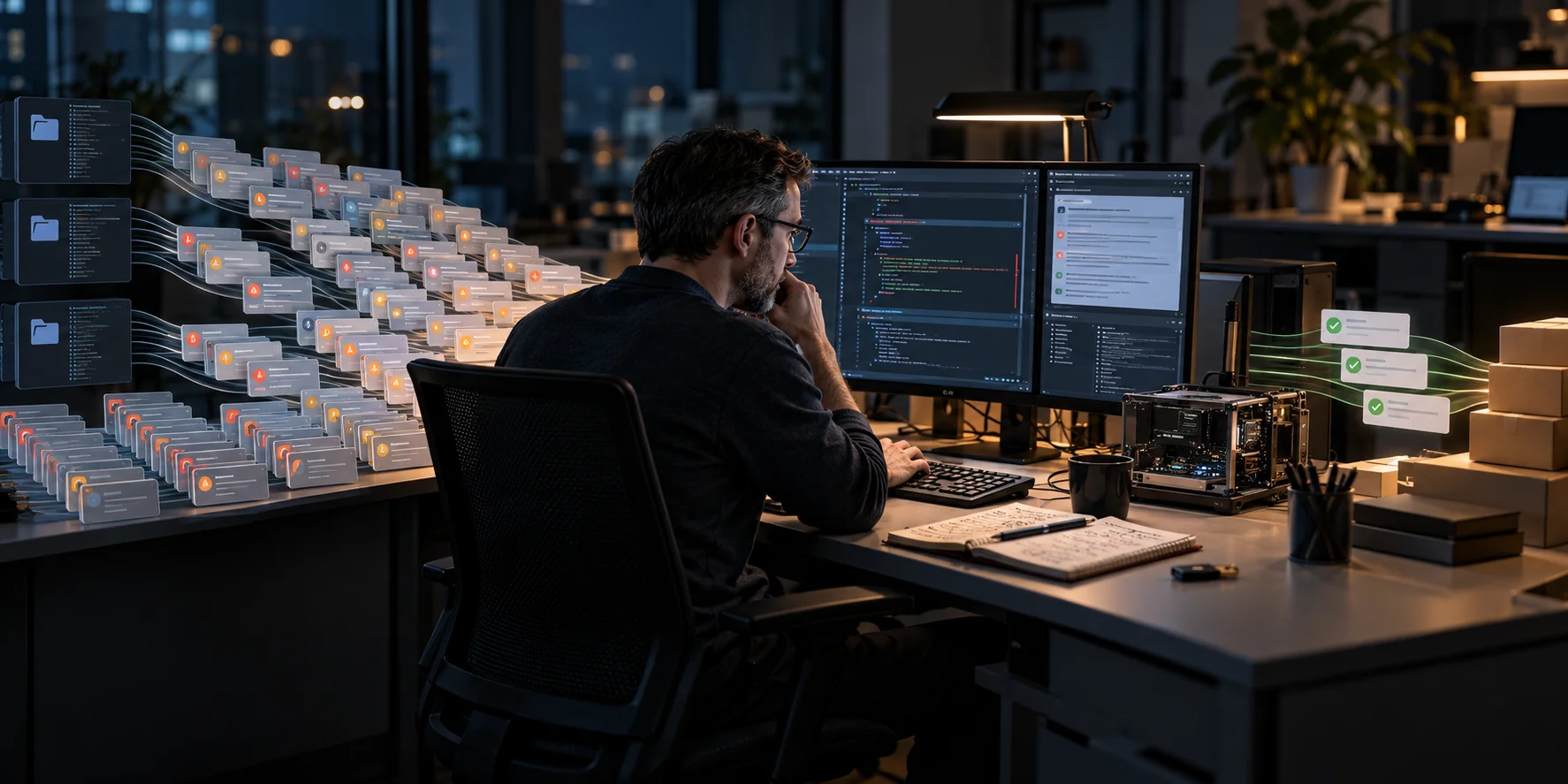 Security engineer reviewing a large queue of automated open-source vulnerability findings before approving a smaller number of verified fixes.